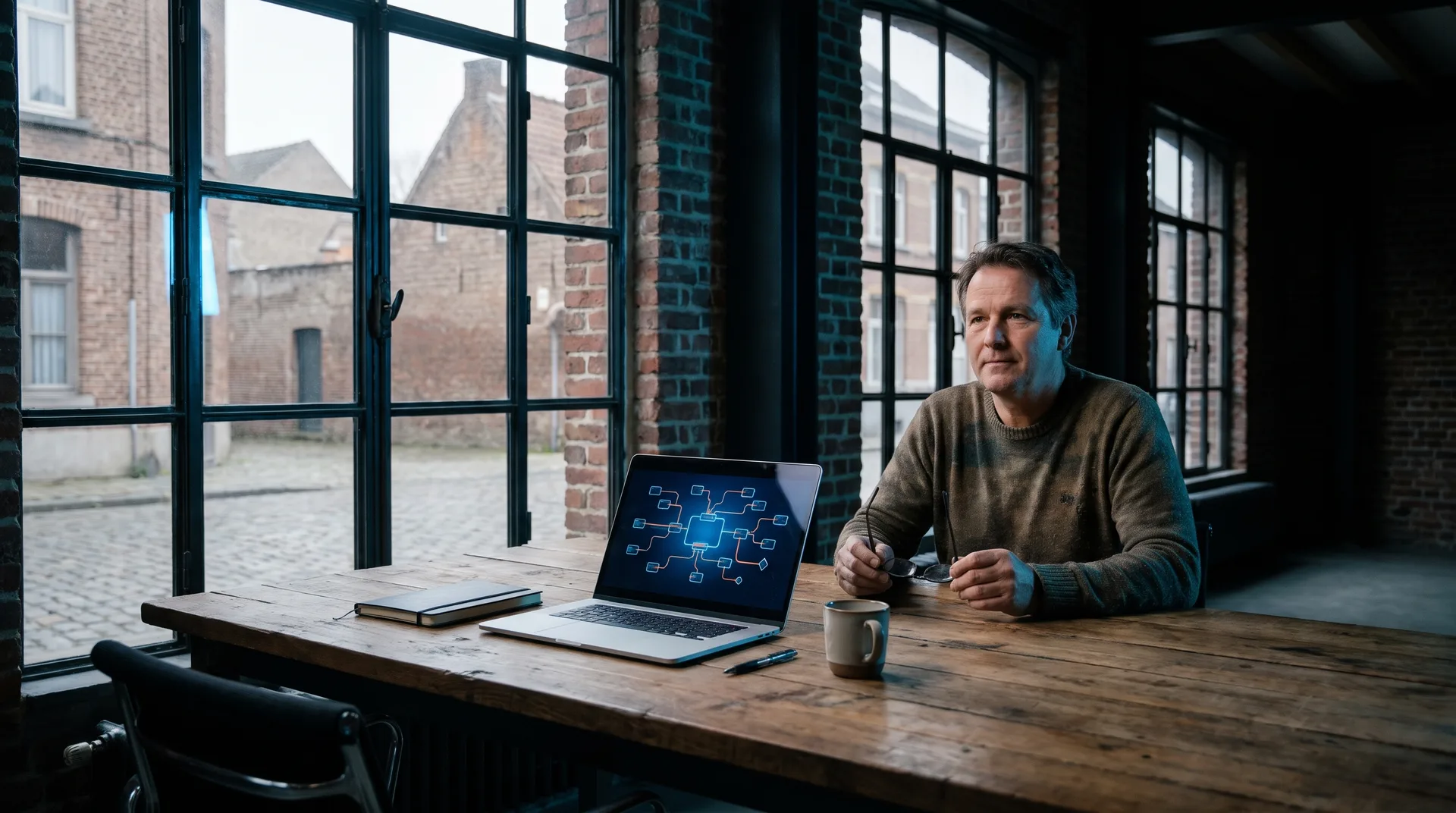 Vlaamse zaakvoerder aan een bureau in een bakstenen kantoor bekijkt een laptop met koffie en notitieboek