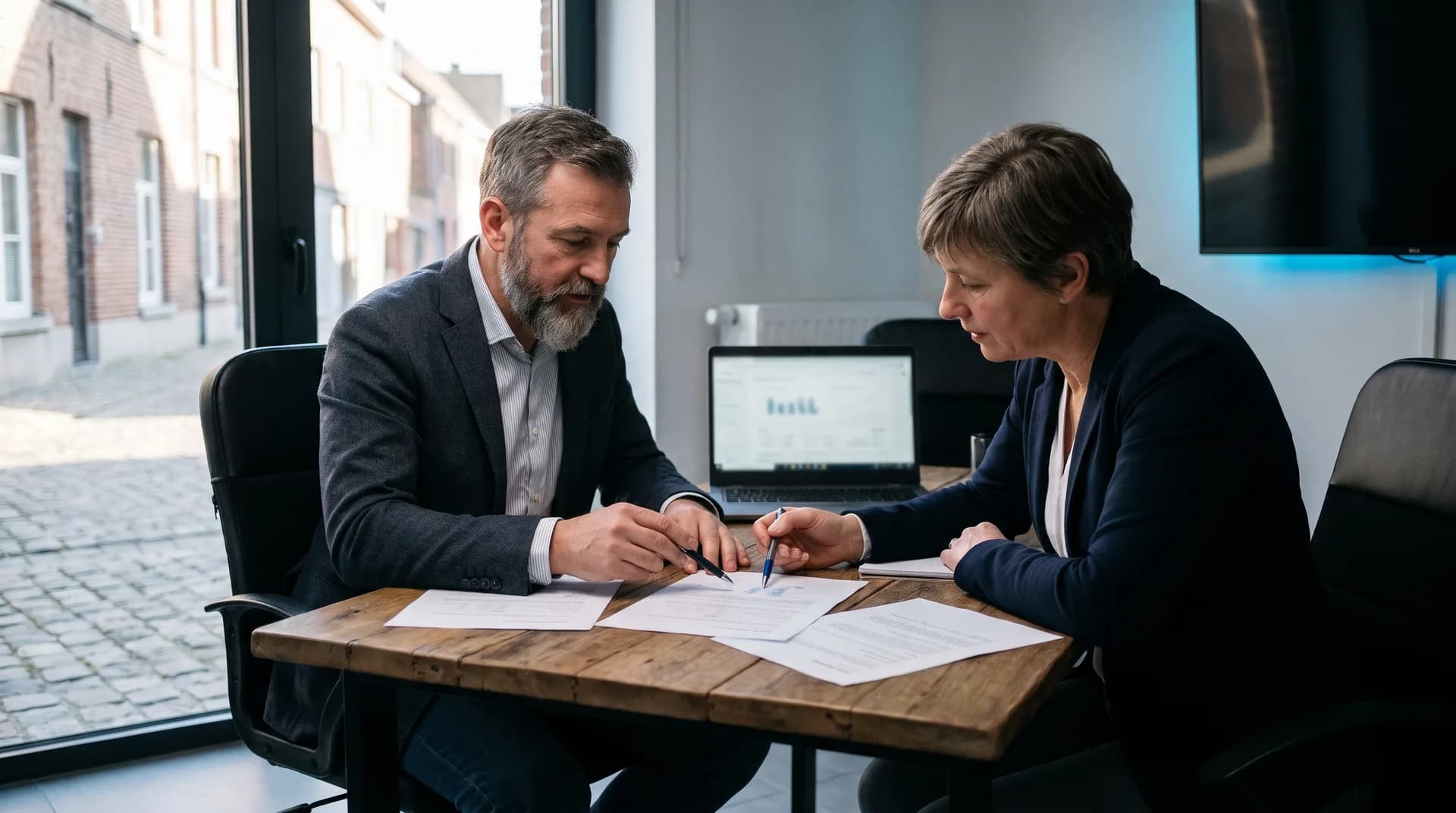 Twee ondernemers vergelijken offertes van SEO bureaus aan een bureau in een Vlaams kantoor
