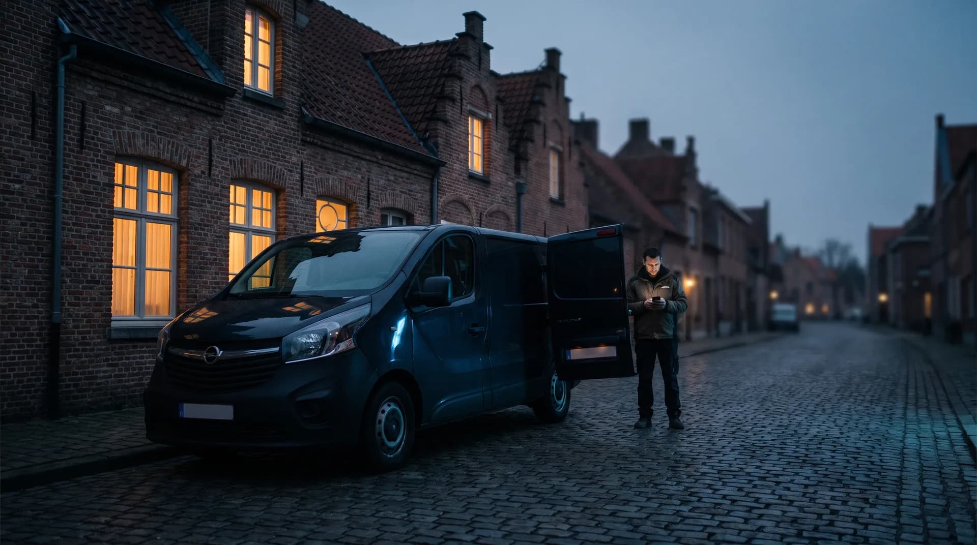 Elektricien met bestelwagen in een Vlaams dorpsstraatje bij valavond