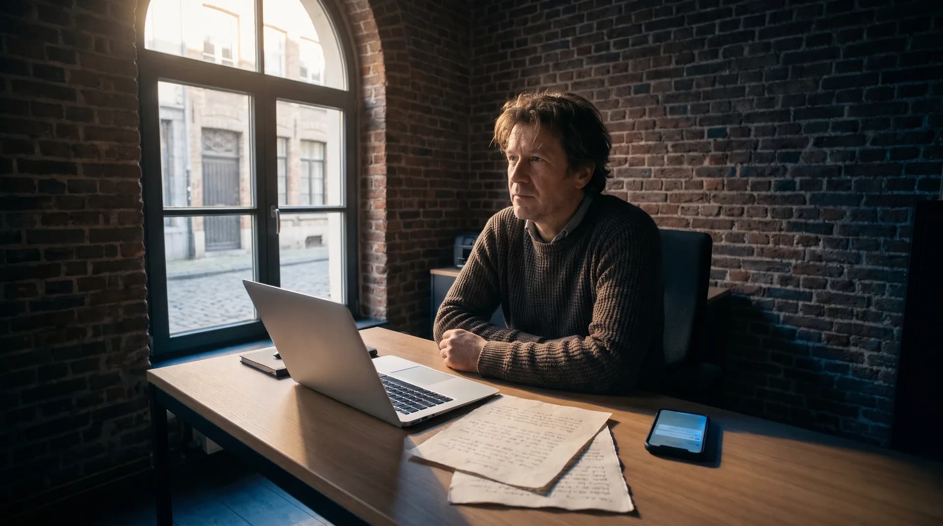 Vlaamse zaakvoerder werkt aan een bureau met laptop en offertes in een Belgisch kmo-kantoor