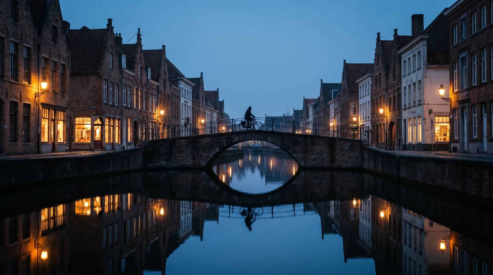 Vlaams stadje met een kanaal in het avondlicht, verbeelding van lokale ondernemers in Oost-Vlaanderen