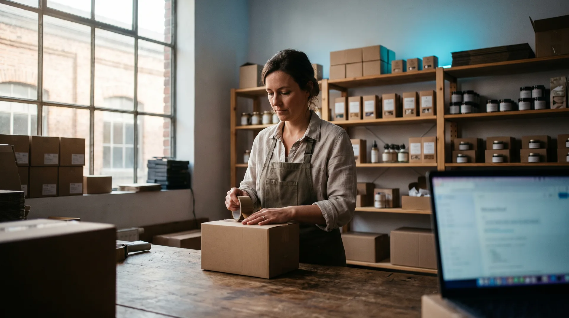 Winkeleigenaar pakt bestellingen van haar webshop in op een werktafel