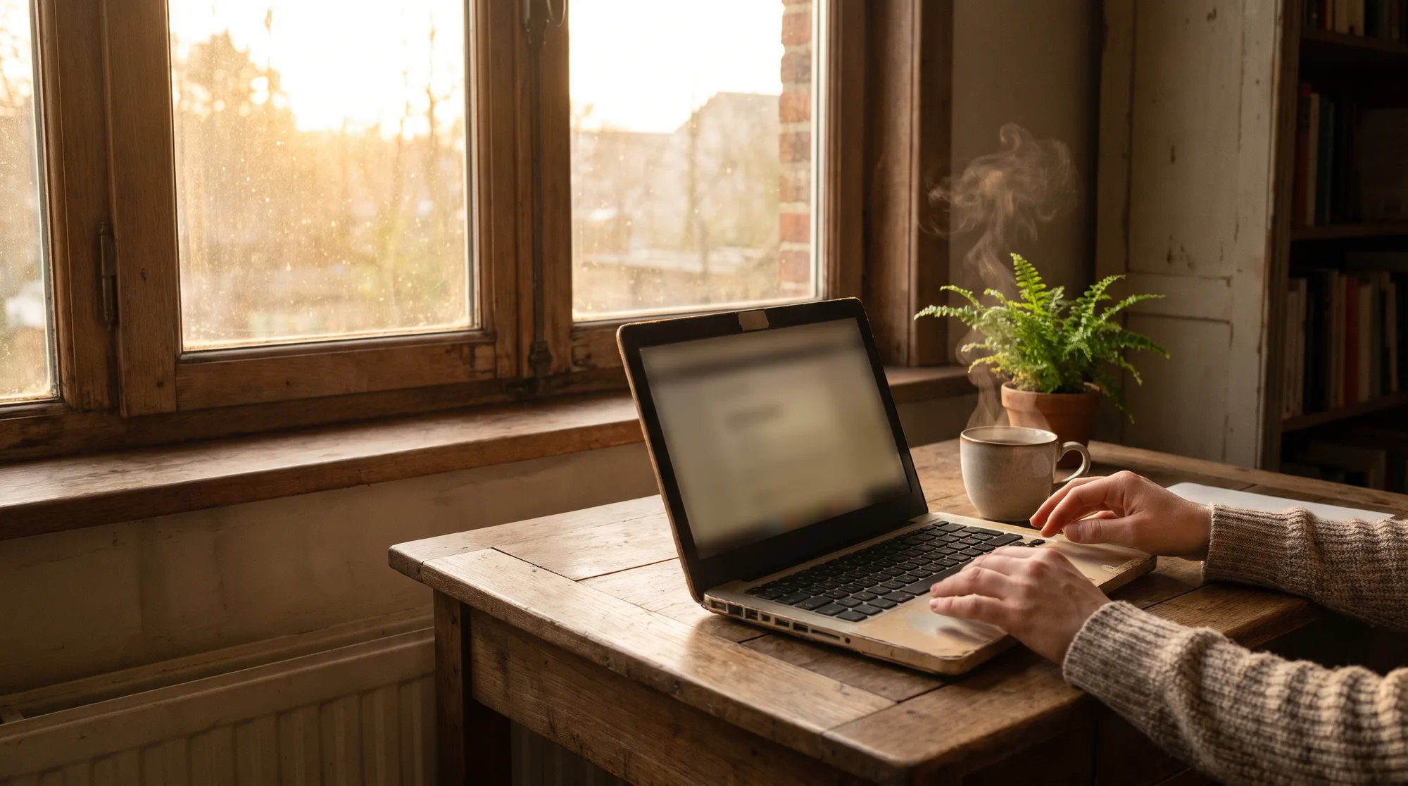 Ondernemer start de dag met koffie en laptop