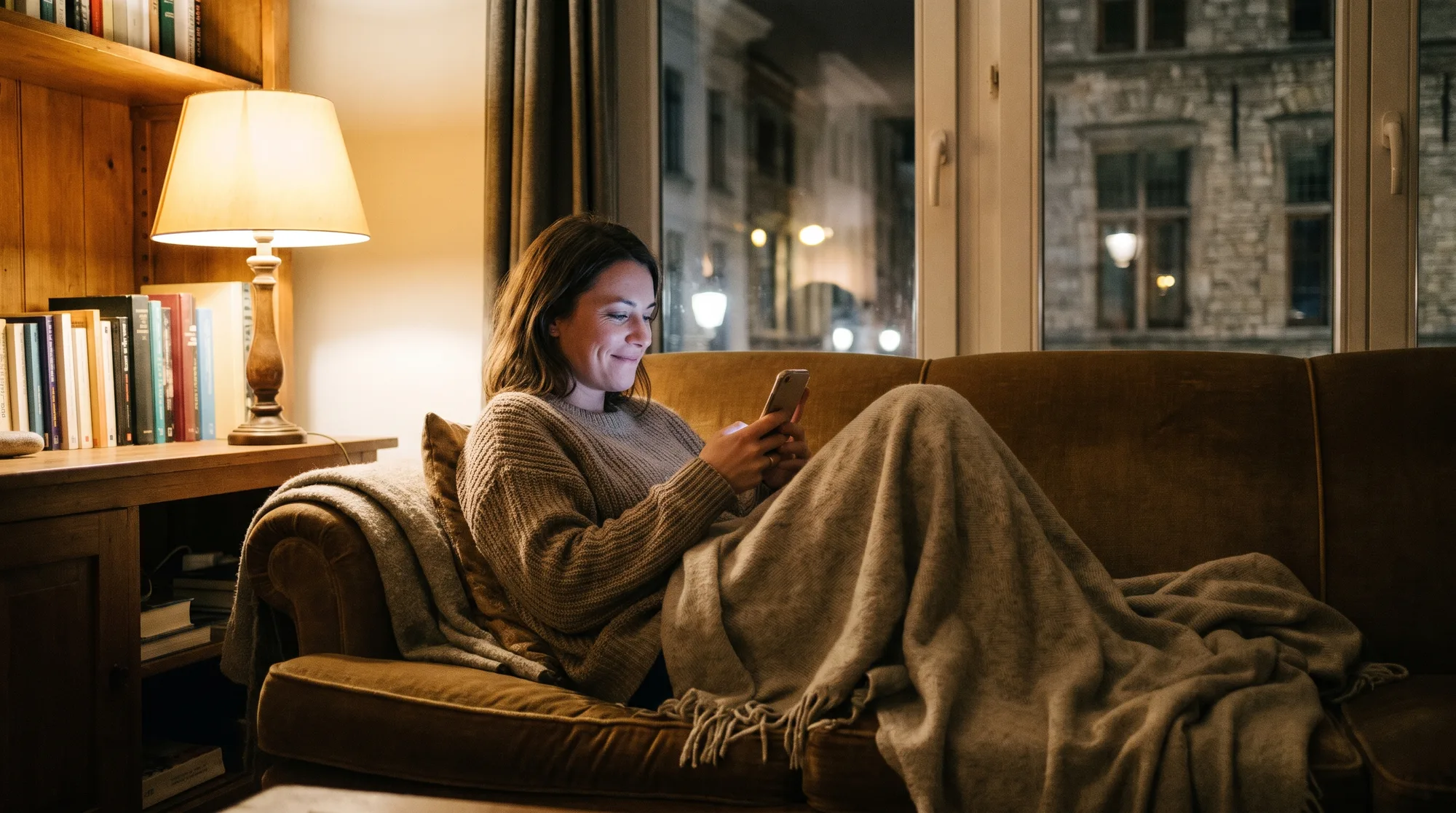 Iemand scrollt 's avonds door social media